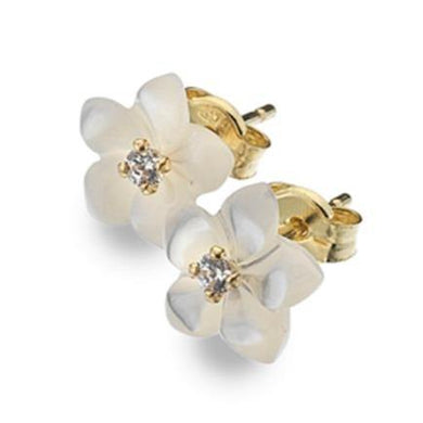 9ct gold, Mother of Pearl flower & cubic zirconia set earrings - Callibeau Jewellery