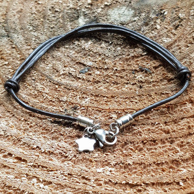 Dark brown leather and stainless steel solid star bracelet - Callibeau Jewellery