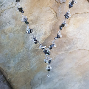 Hematite necklace with clear crystal, 16", extendable to 18" - Callibeau Jewellery