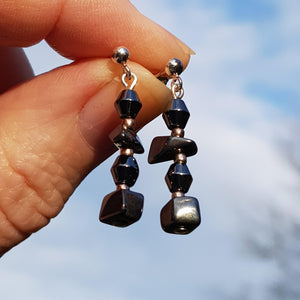 Hematite set. Hematite necklace with black beads, 16" extendable to 18". Hematite bracelet with black beads. Hematite earrings with black beads - Callibeau Jewellery