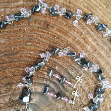 Load image into Gallery viewer, Hematite with pink beads matching set. 16&quot; extendable to 18&quot; hematite necklace, hematite bracelet and hematite earrings - Callibeau Jewellery
