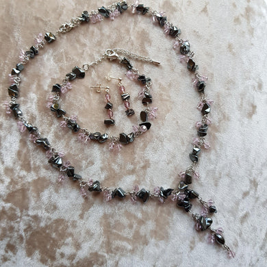 Hematite with pink beads matching set. 16