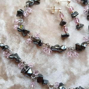 Hematite with pink beads matching set. 16" extendable to 18" hematite necklace, hematite bracelet and hematite earrings - Callibeau Jewellery