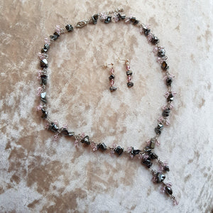 Hematite 16" extendable to 18" necklace with pink beads and earrings with pink beads set - Callibeau Jewellery