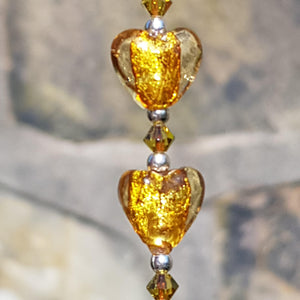Heart shaped champagne coloured Venetian glass and silver bracelet - Callibeau Jewellery