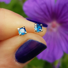 Load image into Gallery viewer, Silver, square cubic zirconia medium sapphire stud earrings - 3mm - 0.35g - Callibeau Jewellery
