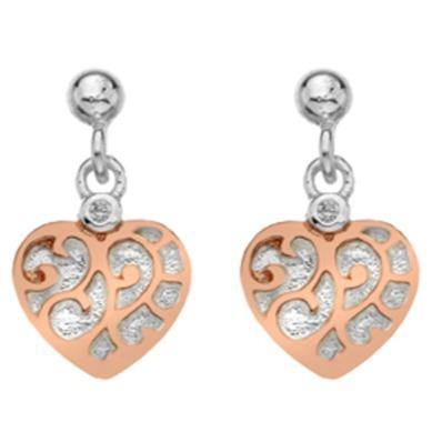 Silver & rose gold plated cubic zirconia heart drop earrings - Callibeau Jewellery