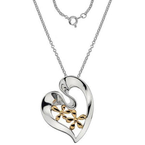 Silver heart pendant with silver gold plated flowers on 18"/45cm chain, 10.22g - Callibeau Jewellery
