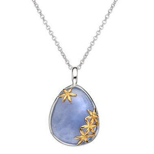 Silver and blue chalcedony pendant with gold plated flower on 45cm silver chain  - 4.89g - Callibeau Jewellery