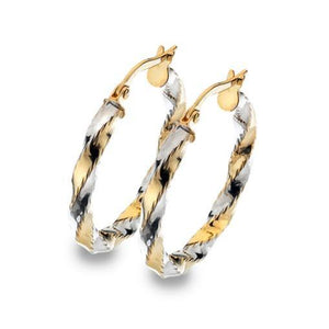9ct yellow and white gold, diamond cut 20mm hoop earrings - Callibeau Jewellery