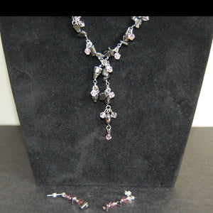 Hematite 16" extendable to 18" necklace with pink beads and earrings with pink beads set - Callibeau Jewellery