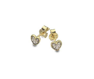 9ct Yellow gold, 39 cubic zirconia set solid heart stud earrings - Callibeau Jewellery