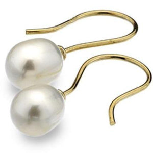 9ct yellow gold, 6mm white fresh water pearl drop earrings - Callibeau Jewellery