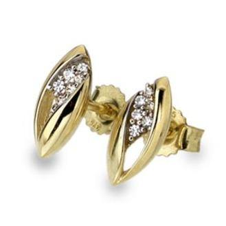 9ct yellow gold leaf design cubic zirconia set stud earrings - Callibeau Jewellery