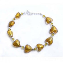 Load image into Gallery viewer, Heart shaped champagne coloured Venetian glass and silver bracelet - Callibeau Jewellery
