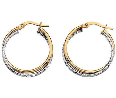 9ct yellow & white gold medium round crossover hoop earrings - Callibeau Jewellery