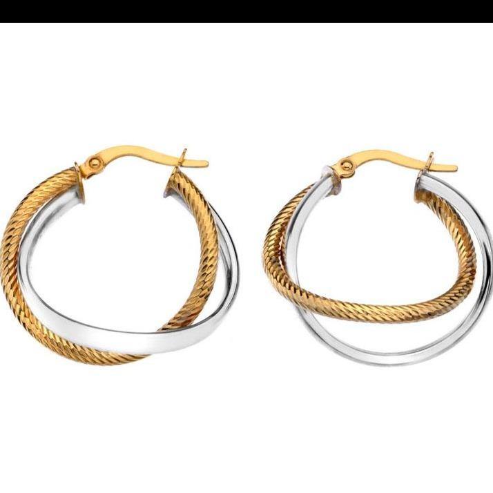 9ct yellow & white gold large round rope crossover hoop earrings - Callibeau Jewellery