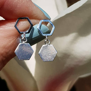 Silver, hanging hexagon earrings - 8mm x 18mm - Callibeau Jewellery