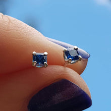 Load image into Gallery viewer, Silver, square cubic zirconia medium sapphire stud earrings - 3mm - 0.35g - Callibeau Jewellery

