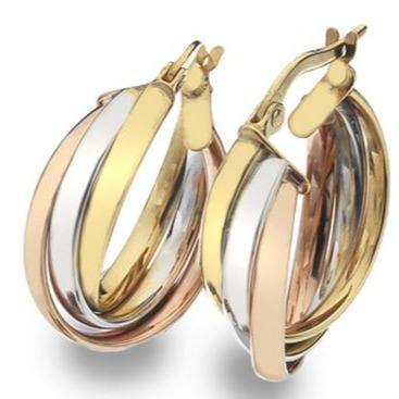 9ct yellow, white and rose gold triple wire 15mm hoop earrings - Callibeau Jewellery