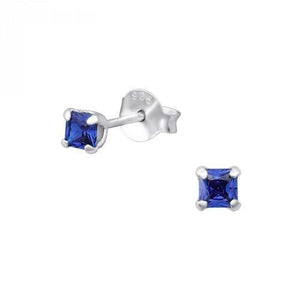 Silver, square cubic zirconia medium sapphire stud earrings - 3mm - 0.35g - Callibeau Jewellery
