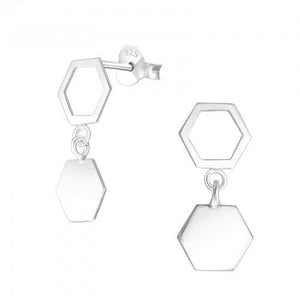 Silver, hanging hexagon earrings - 8mm x 18mm - Callibeau Jewellery