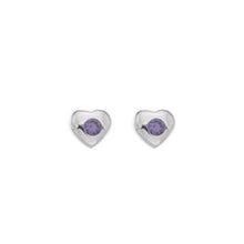 Load image into Gallery viewer, Child&#39;s, silver, amethyst cubic zirconia heart stud earrings - Callibeau Jewellery
