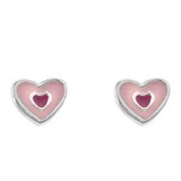 Child's, silver, pink enamel heart stud earrings - Callibeau Jewellery