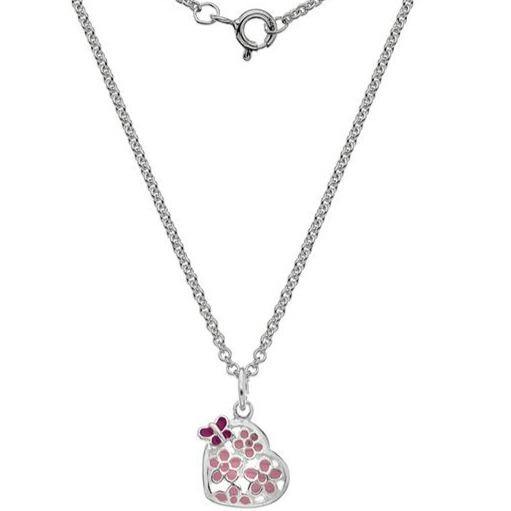 Child's, silver necklace with pink enamel heart and butterfly pendant - Callibeau Jewellery