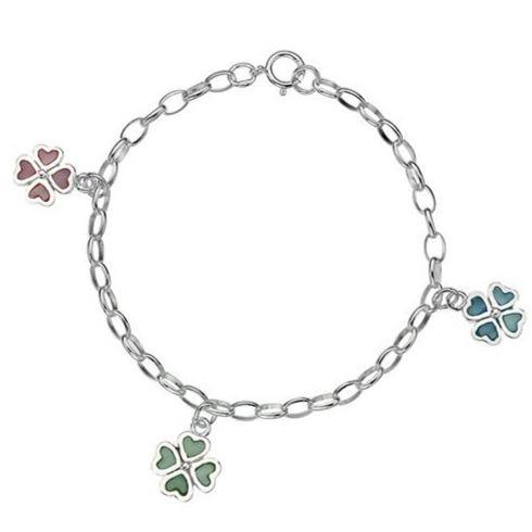 Child's, silver, pink, blue & green Mother of Pearl clover charm bracelet - Callibeau Jewellery