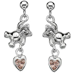 Child's, silver, pink cubic zirconia heart & teddy earrings - Callibeau Jewellery