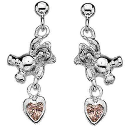 Child's, silver, pink cubic zirconia heart & teddy earrings - Callibeau Jewellery