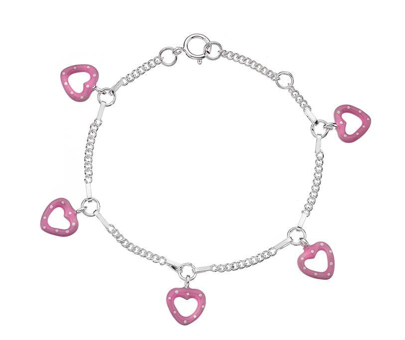 Child's, silver, pink polka dot enamel heart charm bracelet - Callibeau Jewellery