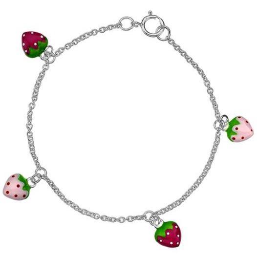 Child's, silver, pink enamel strawberry charm bracelet - Callibeau Jewellery