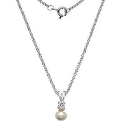 Silver dainty claw set cubic zirconia & freshwater button pearl pendant - Callibeau Jewellery