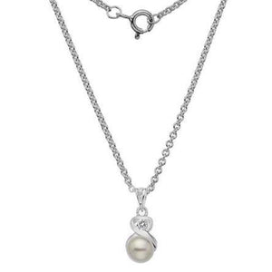 Silver, cubic zirconia & 6mm freshwater pearl pendant on 18" chain - Callibeau Jewellery