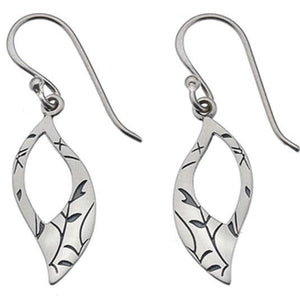 Silver designer etched twig leaf drop earrings - Callibeau Jewellery