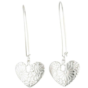 Silver patterned heart drop earrings - Callibeau Jewellery