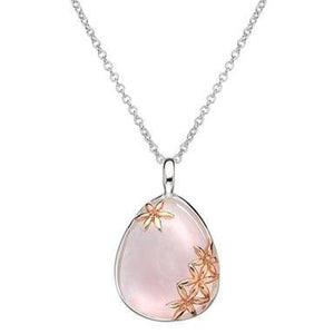 Silver rose quartz pendant with rose gold plated flower on 45cm silver chain - 4.88g - Callibeau Jewellery