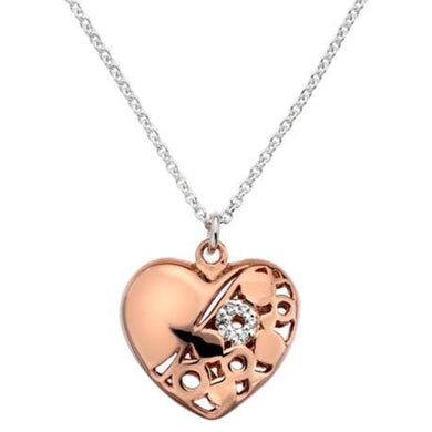 Silver and rose gold plated heart cubic zirconia pendant on 45cm silver chain - 4.43g - Callibeau Jewellery