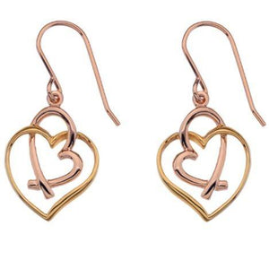 Silver, rose & gold plated detail entwined heart drop earrings - Callibeau Jewellery