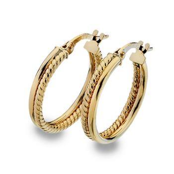 9ct yellow gold, 20mm hoop, 2 section pattern/plain earrings - Callibeau Jewellery